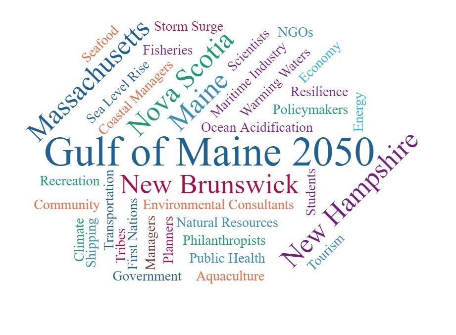 Word Cloud showing Gulf of Maine 2050 seeks diversity of attendees from Nova Scotia, Massachusetts, New Brunswick, New Hampshire and Maine